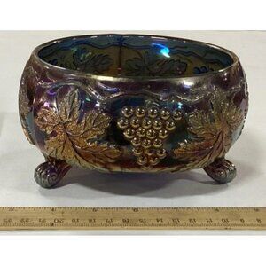 Vtg Fenton Blue Carnival Glass 3 Footed Fernery Candy Dish Grape & Cable Pattern